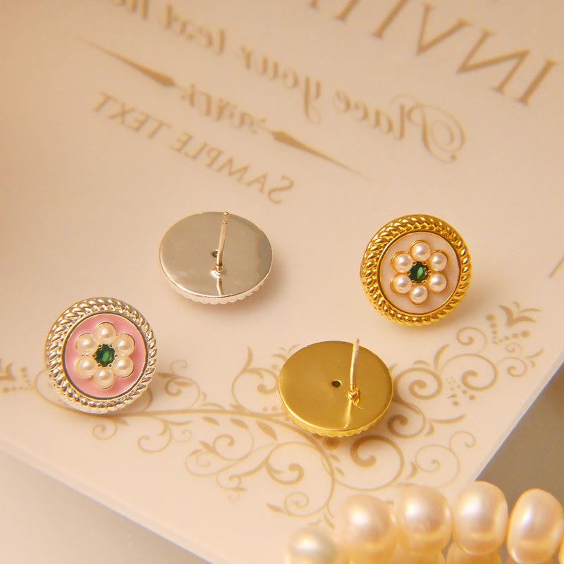 Gold & Sterling Silver Enamel Flower Earrings with Copper Accents