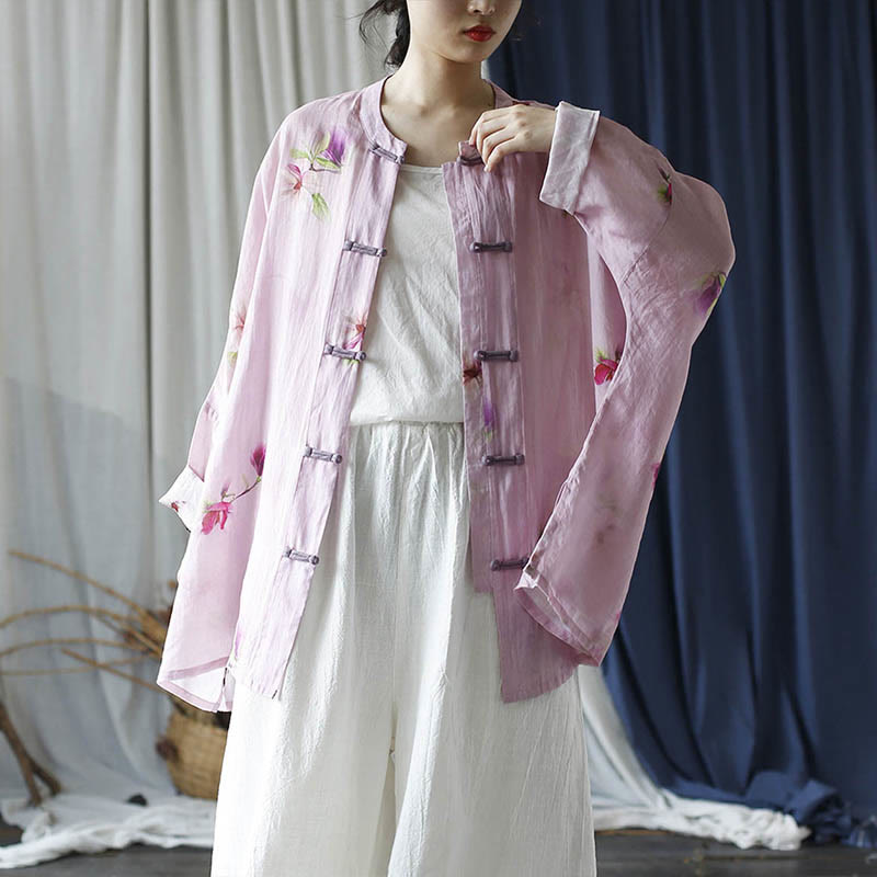Pink Flower Print Frog-button Design Batwing Long Sleeve Ramie Linen Jacket Shirt