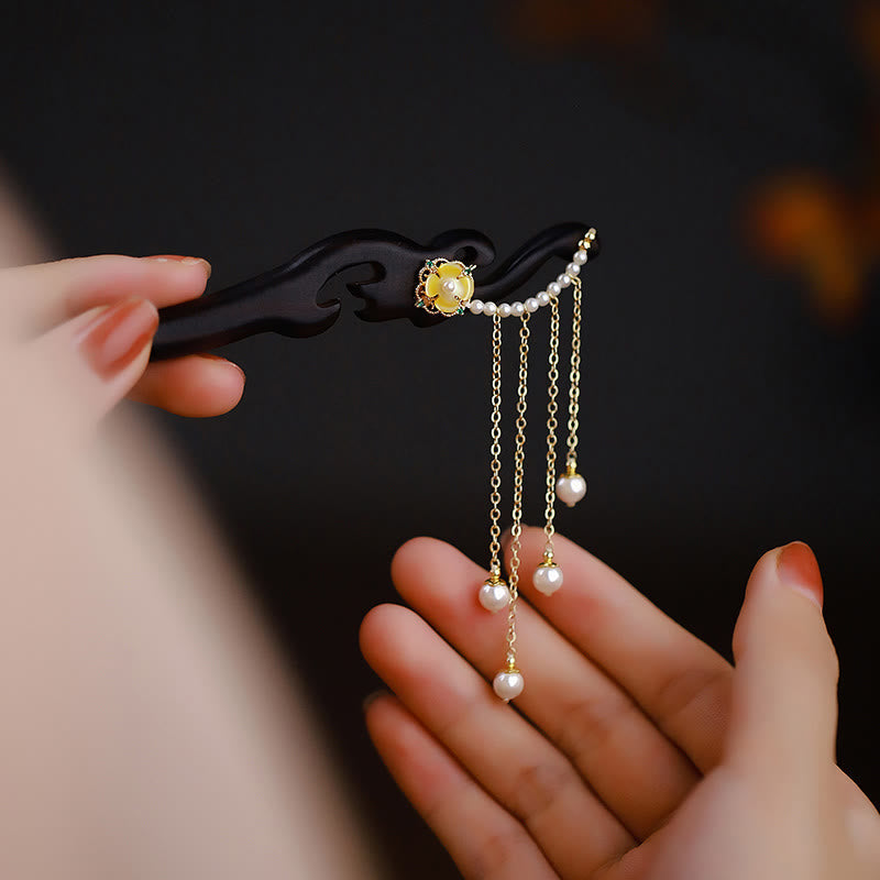 Ebony Wood Yellow Flower Pearl Tassels Hairpin