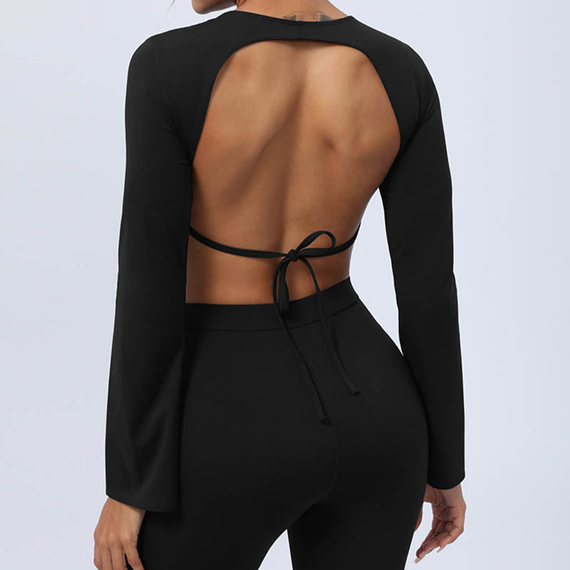 Long Sleeve Backless Strap Top Bra Flare Pants Fitness Yoga Outfit