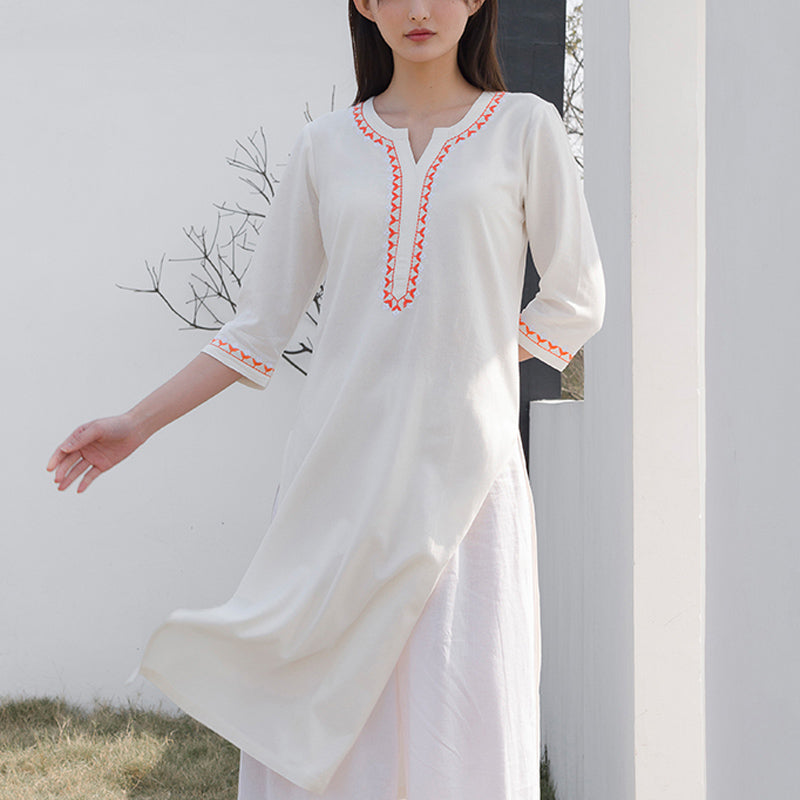 2Pcs V-neck Embroidery Yoga Clothing Zen Meditation Cotton Linen Top Pants Women's Set