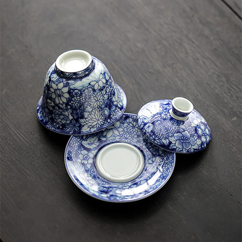 Vintage Blue And White Porcelain Ceramic Gaiwan Sancai Teacup Kung Fu Tea Cup And Saucer With Lid