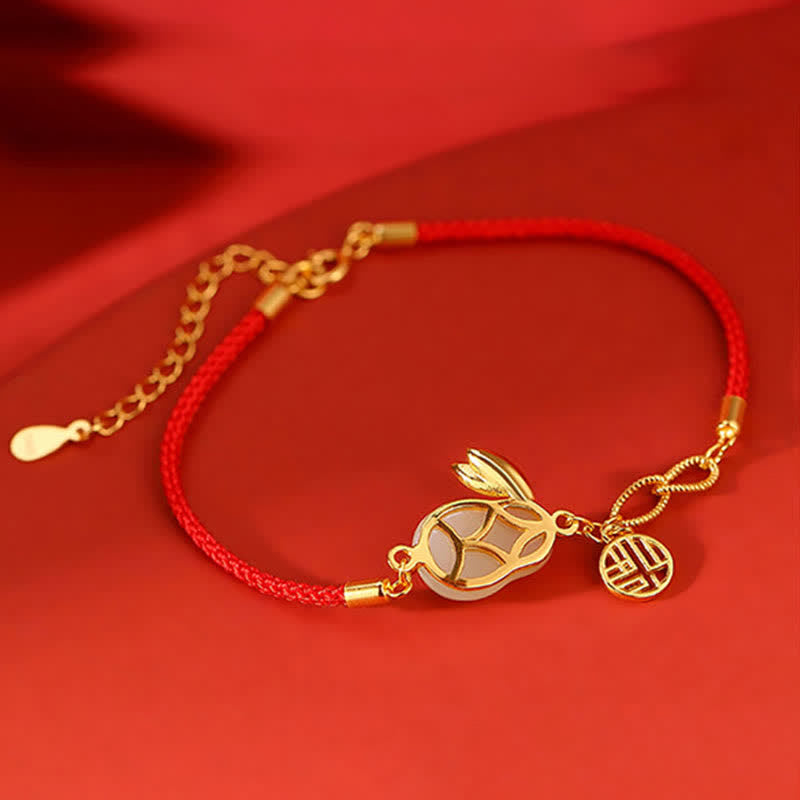 Sterling Silver & Hetian White Jade Red String Bracelet with Gold Buddha & Rabbit Accents