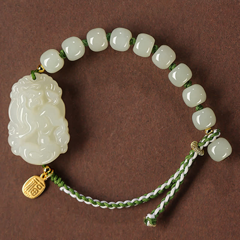 Handcrafted 925 Sterling Silver Chinese Zodiac Hetian Jade Red String Bracelet