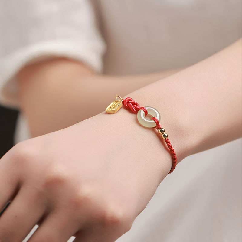 Hetian Jade Ping An Kou & Sterling Silver Fu Symbol Adjustable Cord Bracelet
