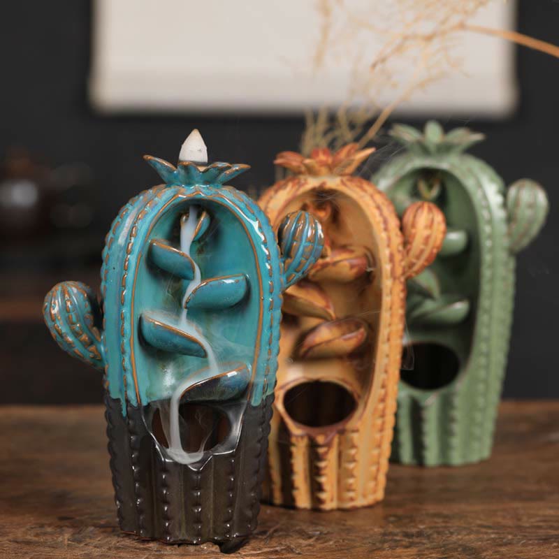 Handmade Cactus Ceramic Backflow Smoke Fountain Incense Burner