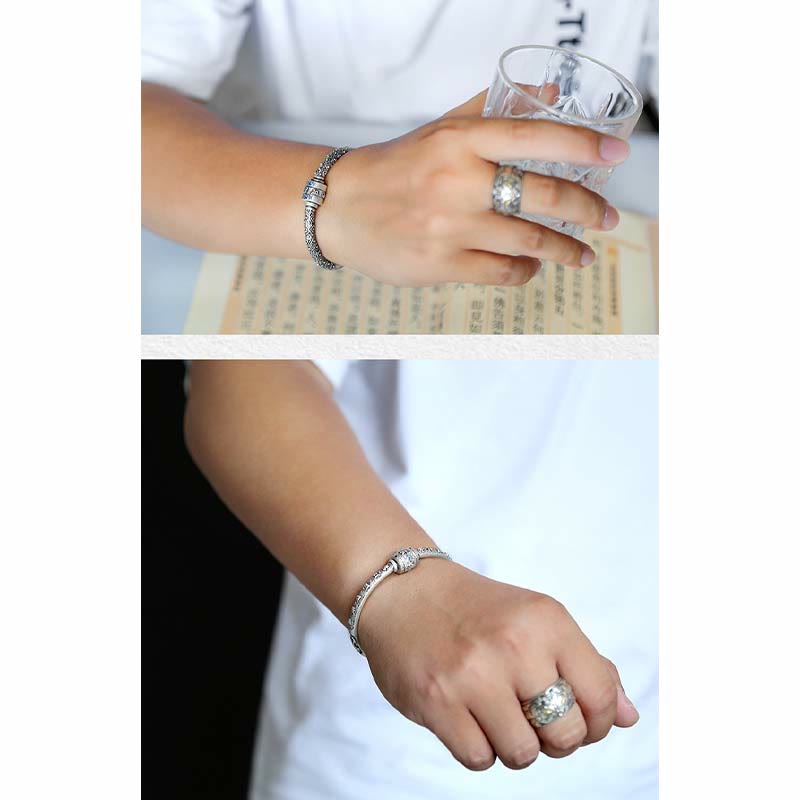 990 Fine Silver Tibetan Om Mani Padme Hum Engraved Auspicious Clouds Bangle