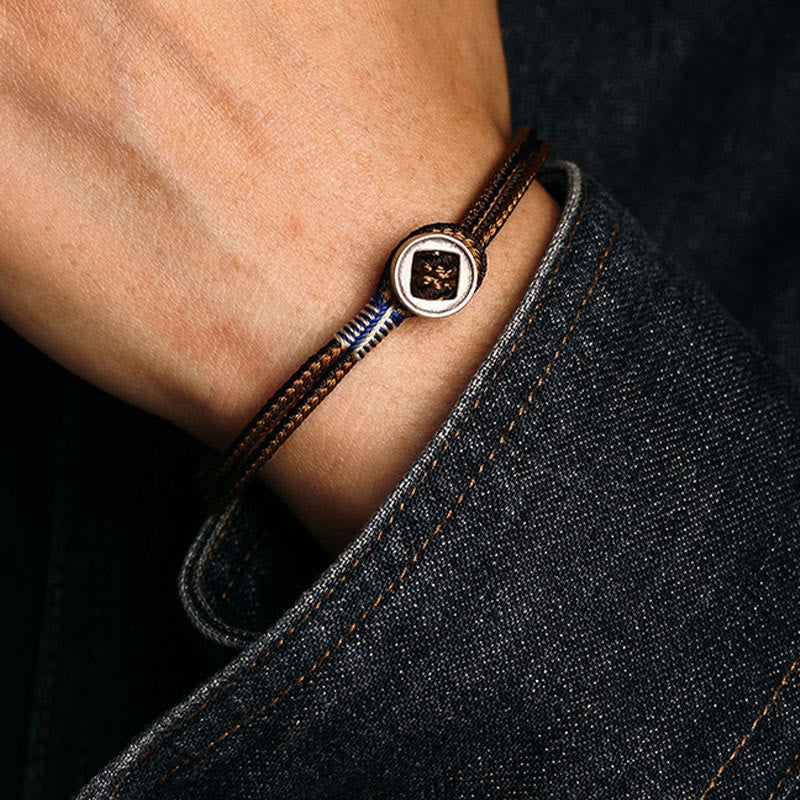 Handmade 925 Sterling Silver Button Weave Cord Bracelet for Men and Women