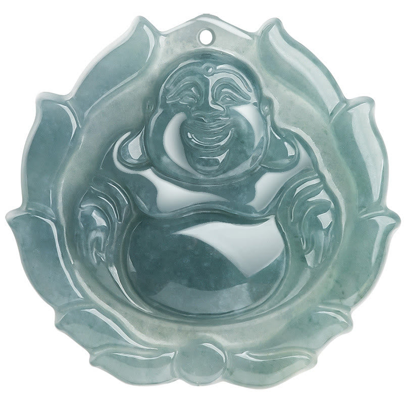 Natural Jade Laughing Buddha Lotus Pattern Luck Necklace Pendant