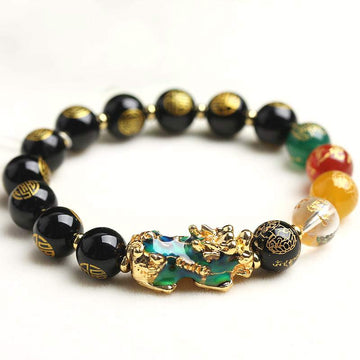 Color-Changing Pixiu & Five Elements Black Obsidian Beaded Bracelet