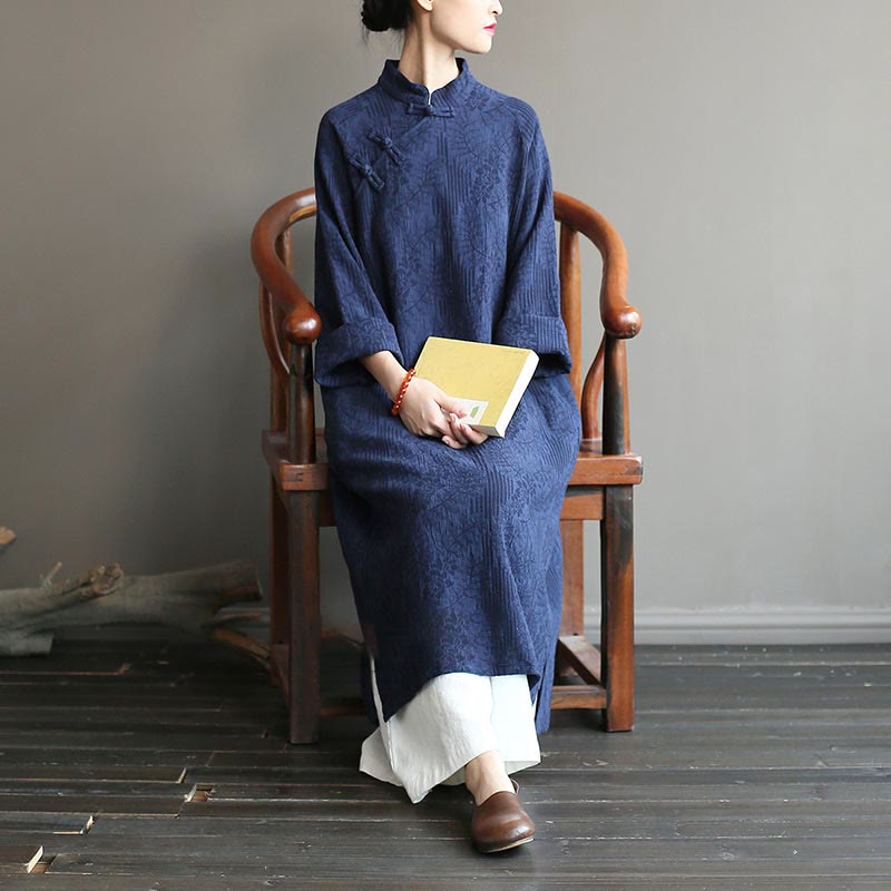 Flower Jacquard Midi Dress Long Sleeve Cotton Linen Dress Wide Leg Pants With Pockets