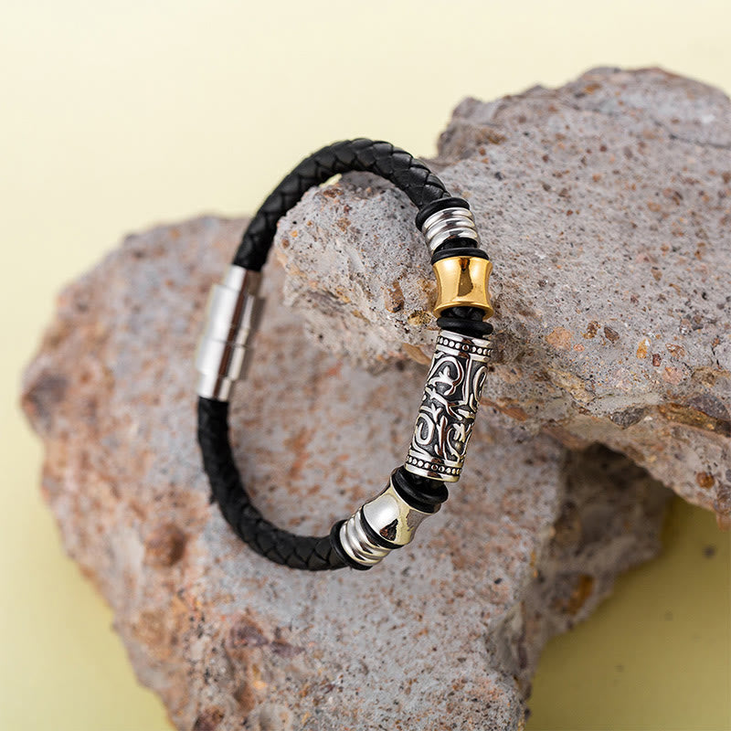 Tang Dynasty Flower Design Luck Stainless Steel Buckle Leather Bracelet