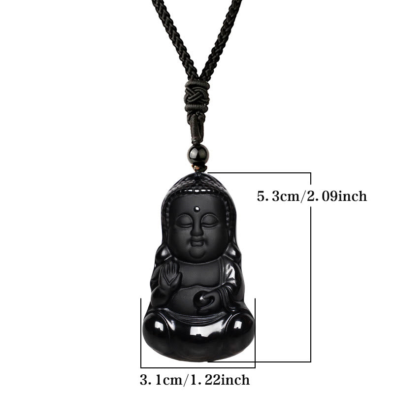 Natural Black Obsidian Crystal Buddha Strength Protection Amulet Lucky Charm Pendant Necklace