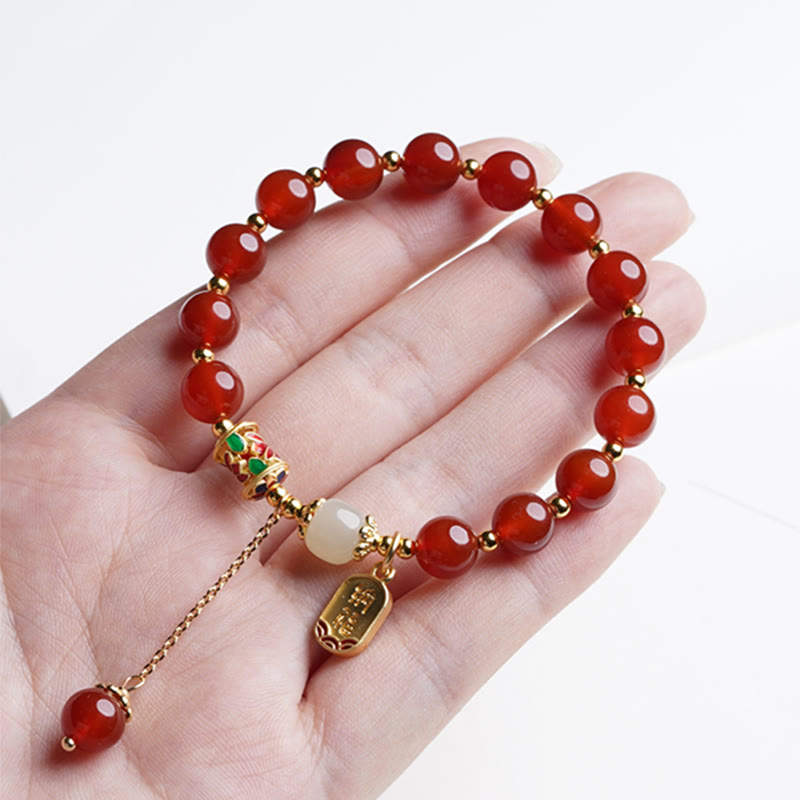 Natural Red Agate and Hetian Jade Copper Fu Symbol Beaded Charm Bracelet
