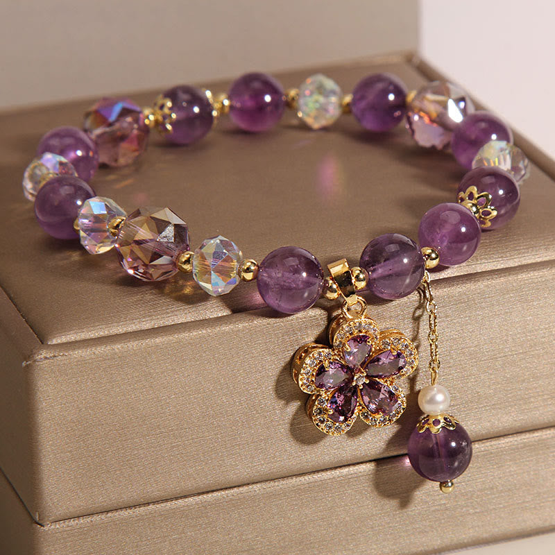Natural Amethyst and Pearl Flower Charm Transformation Bracelet