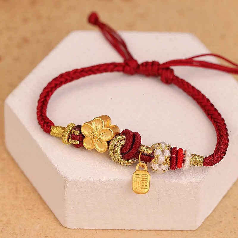Hand-Woven Red String Gold Copper Peach Blossom Adjustable Bracelet