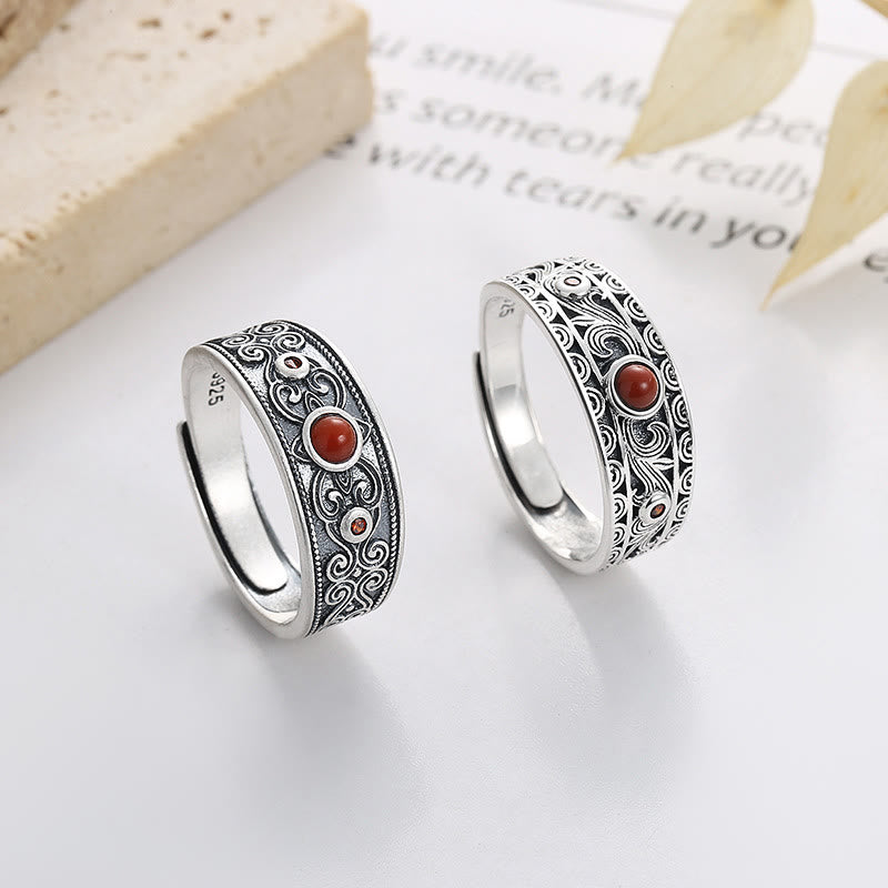 925 Sterling Silver Embedded Red Agate Auspicious Clouds Logical Thinking Ring