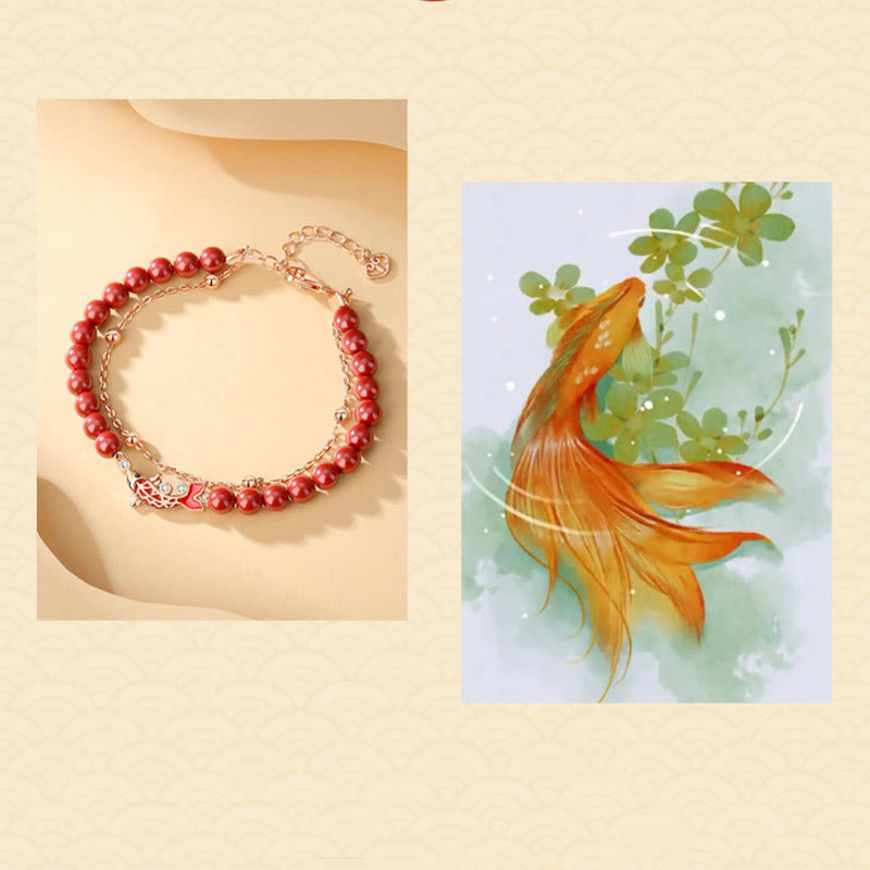 Polished 925 Sterling Silver Koi Fish Charm Bracelet with Cinnabar and Zircon Double Layer Chain
