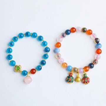 Handmade Candy Agate and Gold Pixiu Peach Charm Beaded Bracelet