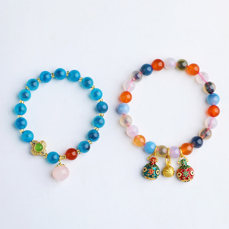 Handmade Candy Agate and Gold Pixiu Peach Charm Beaded Bracelet