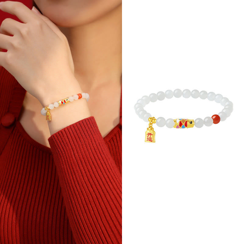 925 Sterling Silver Koi Fish Red Agate & Hetian White Jade Beaded Bracelet