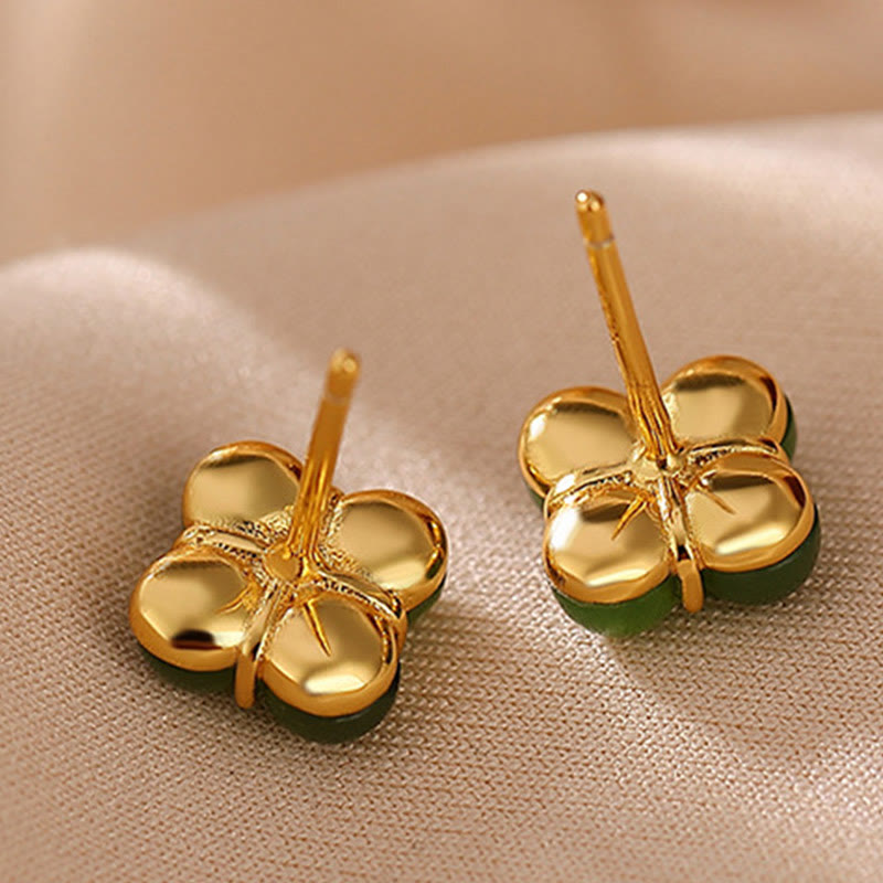 Handcrafted Natural Cyan Jade and Gold Plated 925 Sterling Silver Clover Stud Earrings