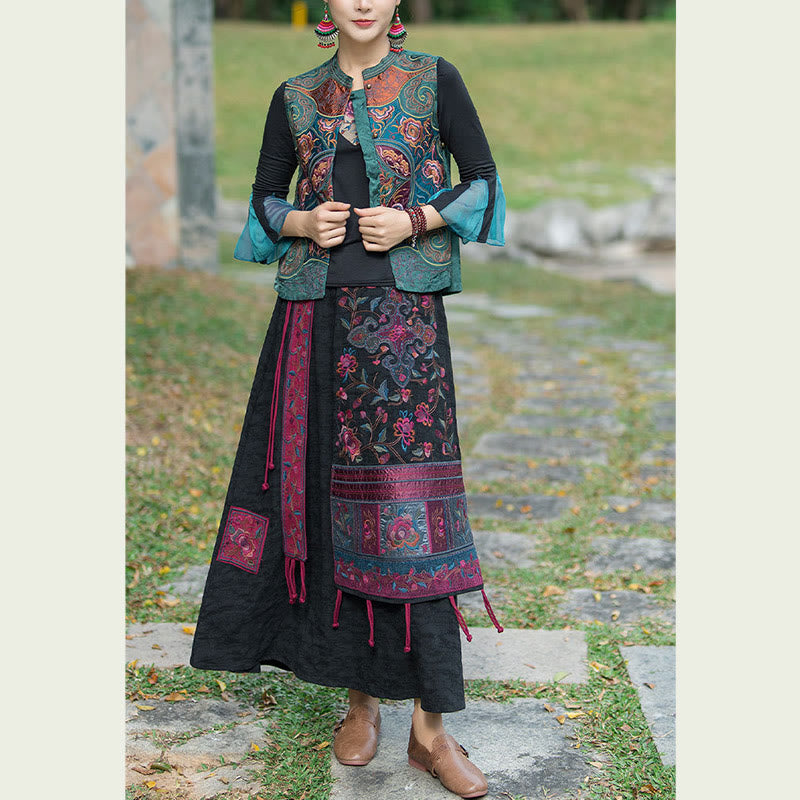 Vintage Style Embroidery Flower Tang Suit Design Sleeveless Vest