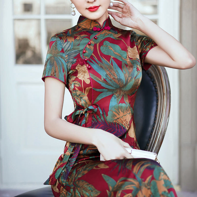 Silk Qipao Dress Retro Flower Leaf Pattern Women's Cheongsam Dress