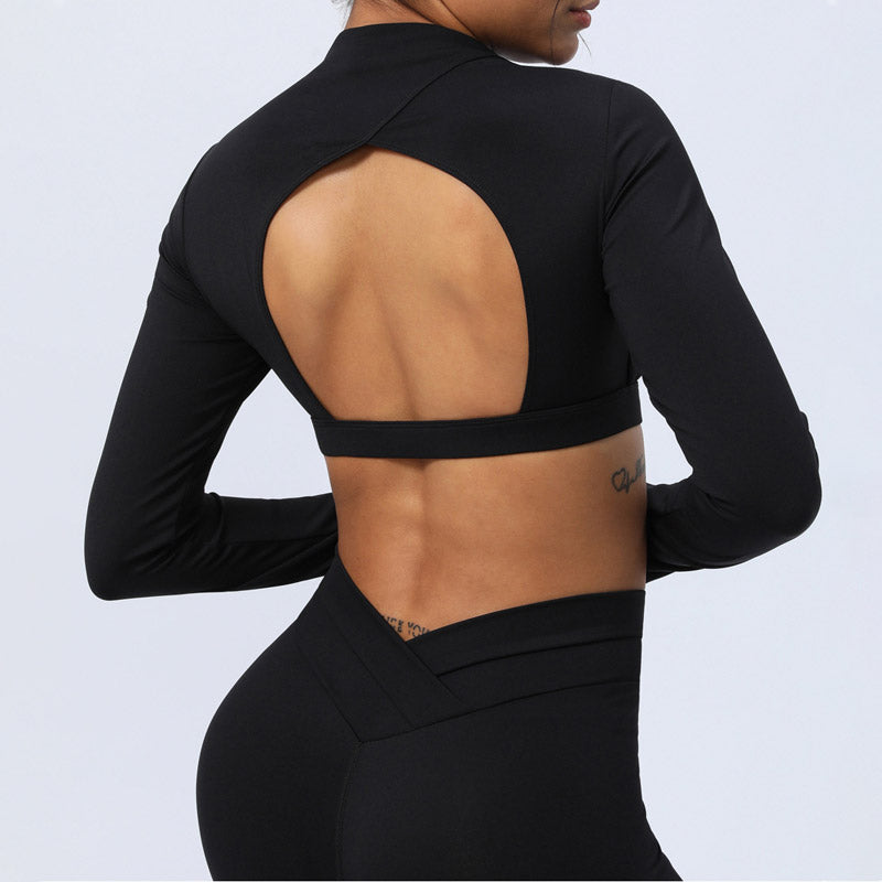 2Pcs Long Sleeve Backless Top Bra Leggings Pants Fitness Yoga Outfit Set