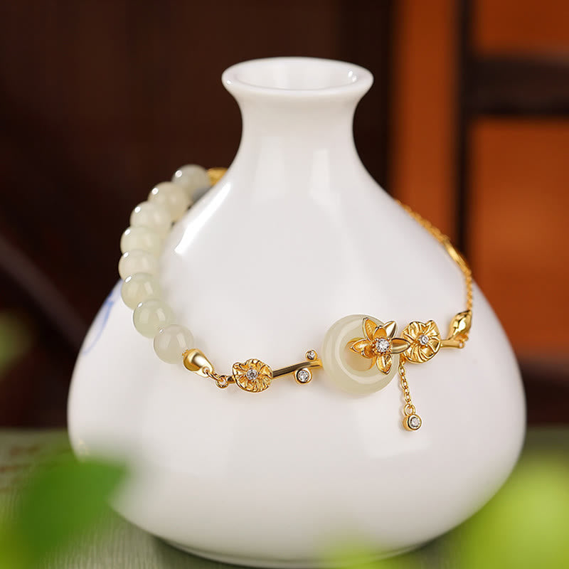 925 Sterling Silver Hetian Jade Peace Buckle Lotus Luck Chain Bracelet