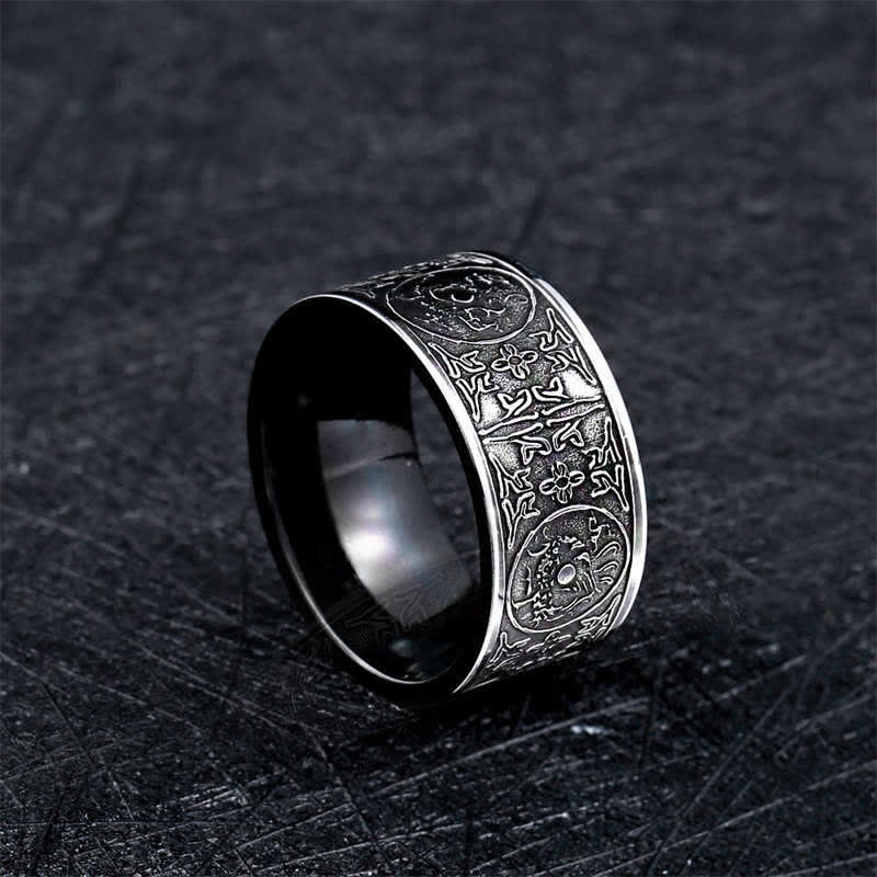 Four Guardian Beast Dragon White Tiger Suzaku Basalt Carved Success Luck Ring
