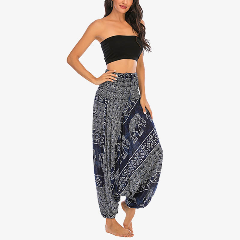 Two Style Wear Elephant Pattern Loose Smocked Harem Trousers Jumpsuit Women's Yoga Pants