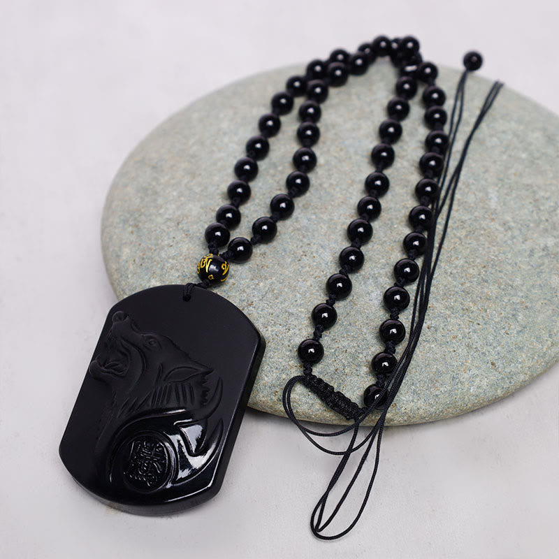 Black Obsidian Stone Wolf Purification Pendant Necklace