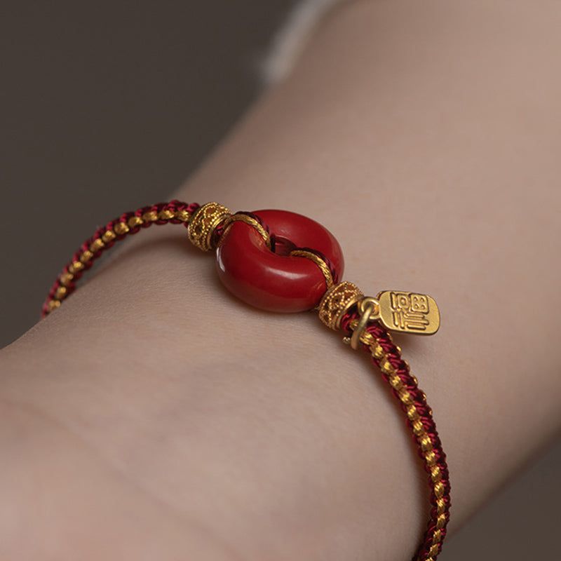 Natural Cinnabar Peace Buckle Fu Character Charm Blessing Braided Bracelet