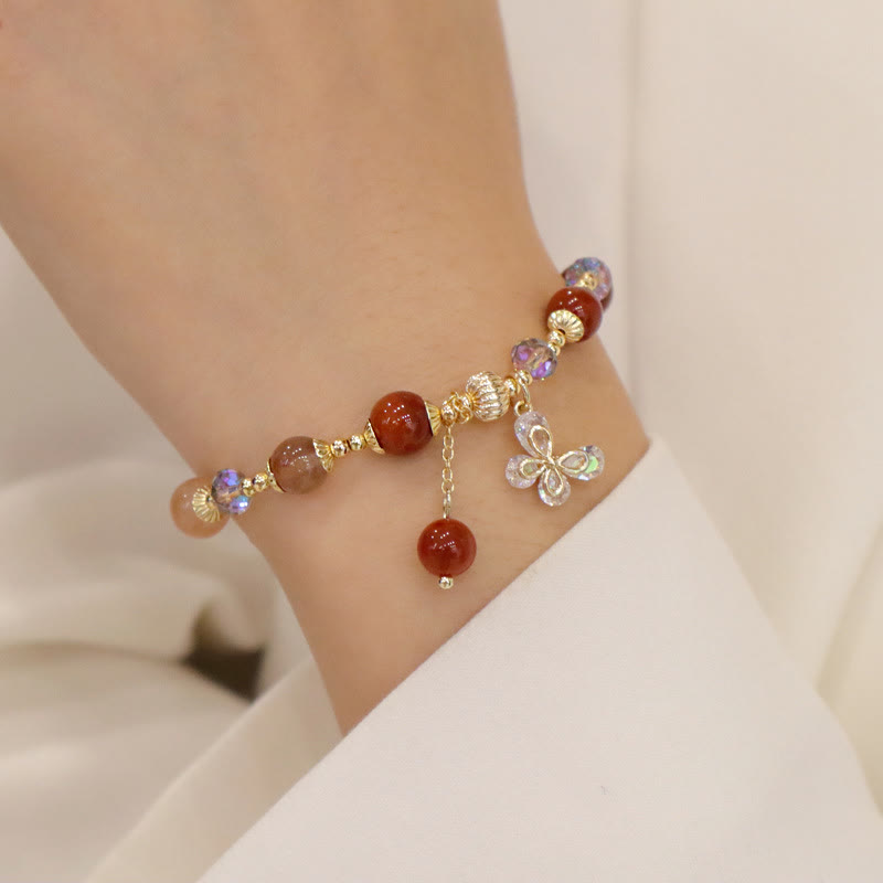 Natural Fu Lu Shou Rainbow Crystal Rutilated Quartz Wealth Butterfly Charm Bracelet