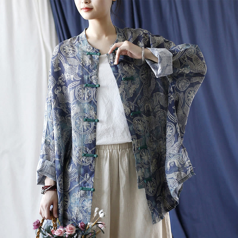 Birds Flowers Geometry Frog-Button Long Sleeve Ramie Linen Jacket Shirt