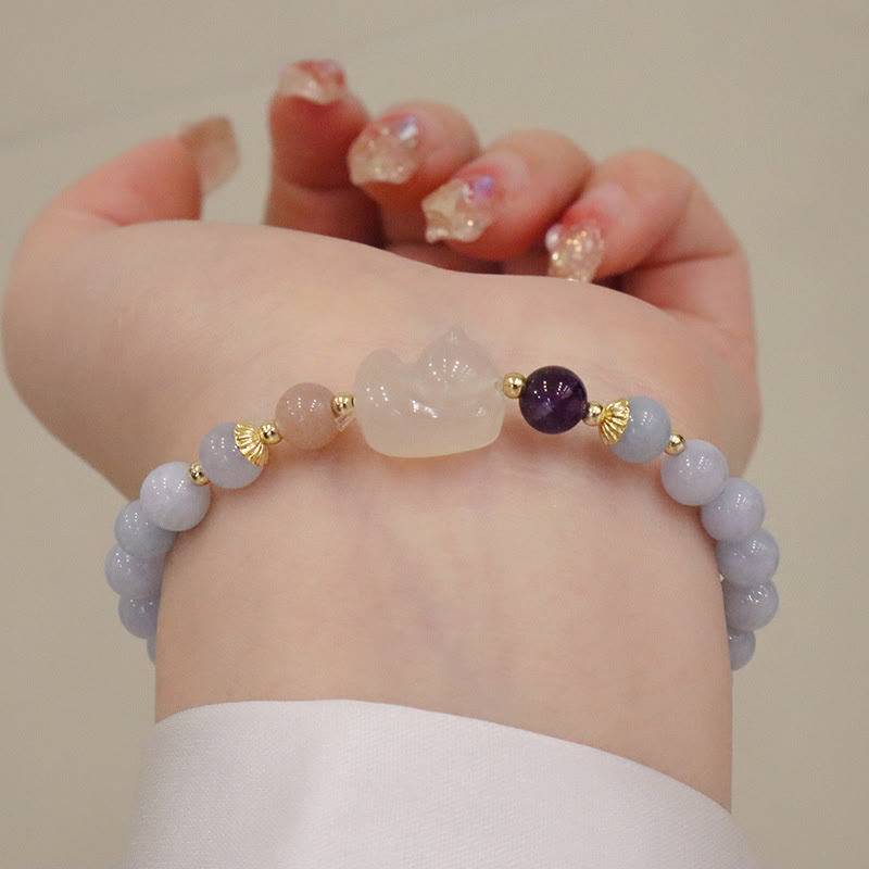 Natural Aquamarine & Chalcedony Beaded Charm Bracelet with Pearl & Symbolic Accents