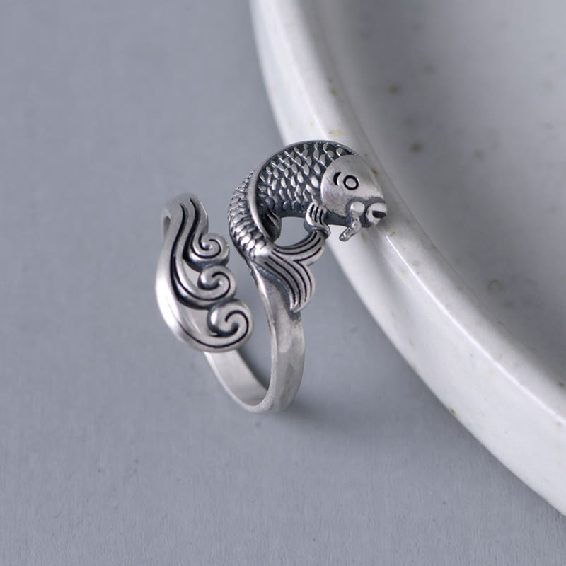 925 Sterling Silver Koi Fish Water Ripple Adjustable Ring