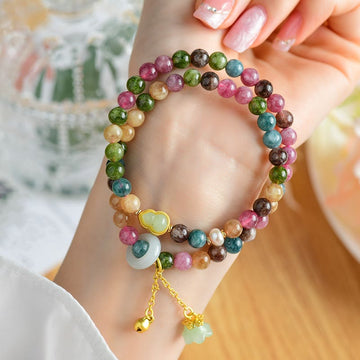 Multicolored Tourmaline Chalcedony Double Wrap Bracelet with Lily of the Valley & Wu Lou Gourd Charms