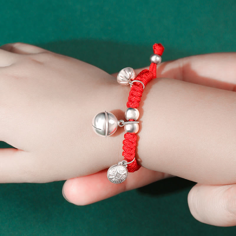 925 Sterling Silver Handmade Fu Character Lucky Money Bag Chinese Lock Charm Bell Lotus Copper Coin King Kong Knot Braided Kids Bracelet