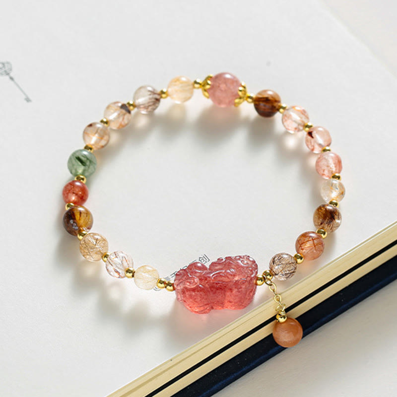 Hand-Assembled Natural Strawberry Quartz & Copper Pixiu Beaded Bracelet
