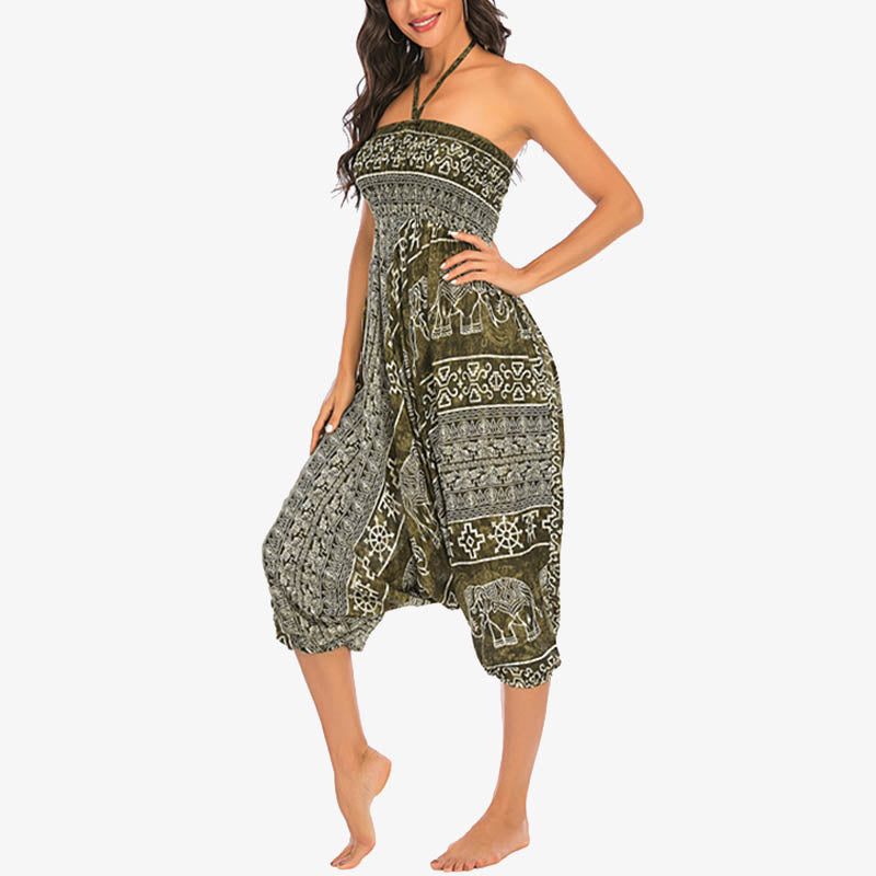 Two Style Wear Elephant Pattern Loose Smocked Harem Trousers Jumpsuit Women's Yoga Pants