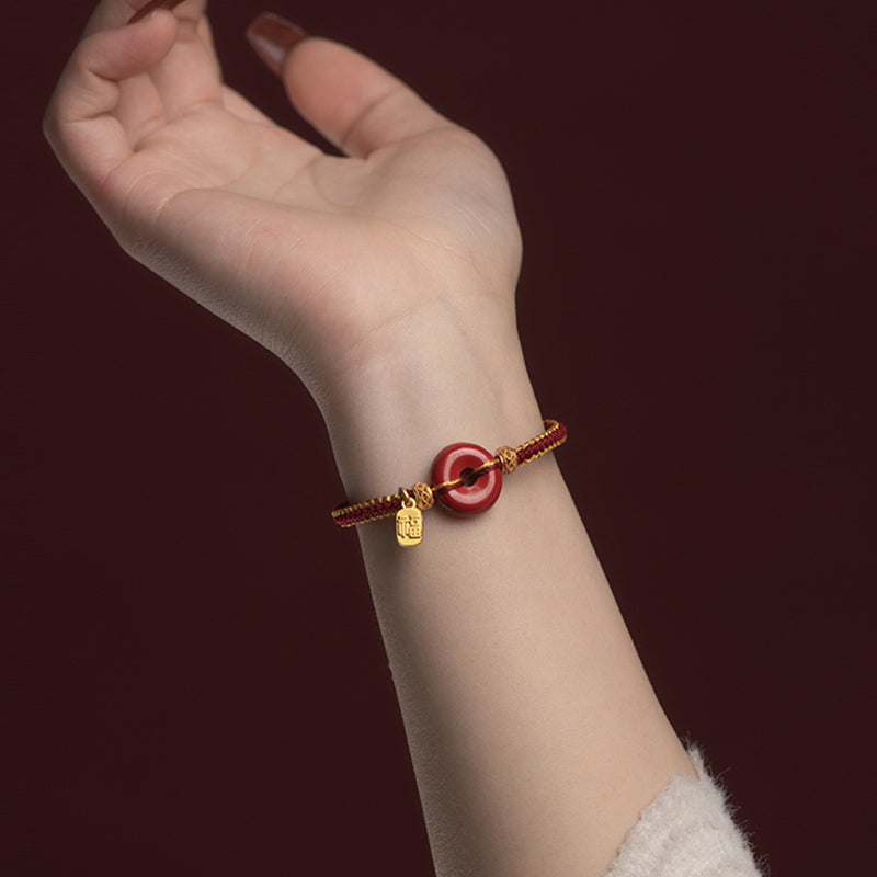 Natural Cinnabar Peace Buckle Fu Character Charm Blessing Braided Bracelet
