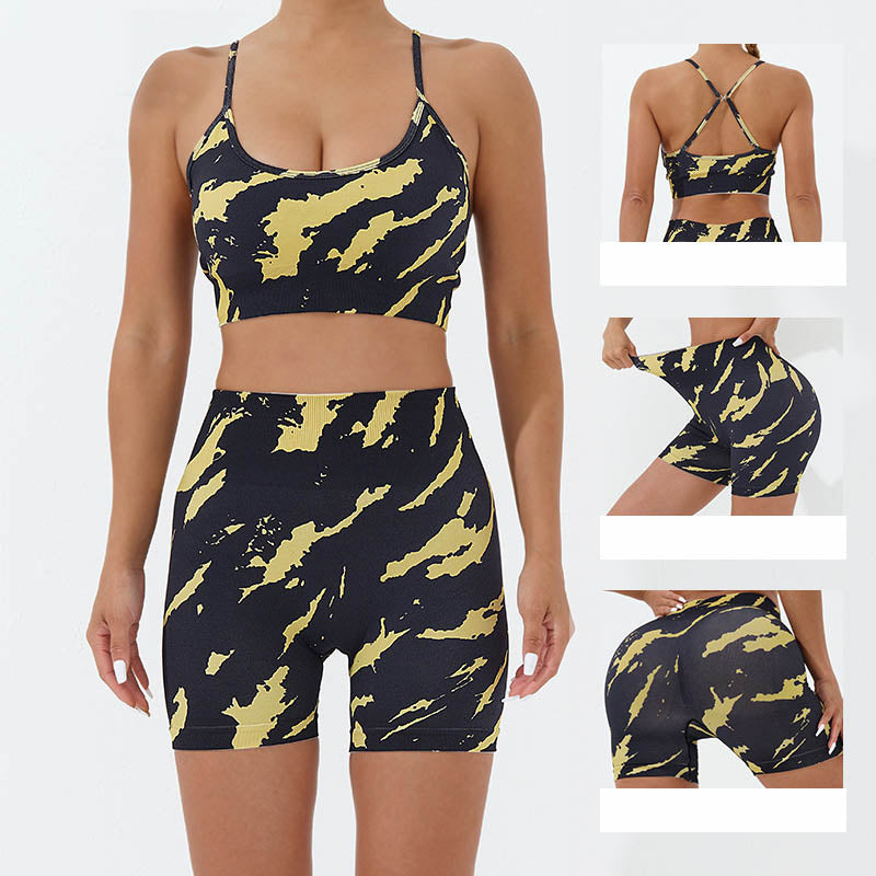 2Pcs Camo Print Backless Criss-Cross Strap Top Bra Shorts Leggings Pants Fitness Yoga Outfit Set