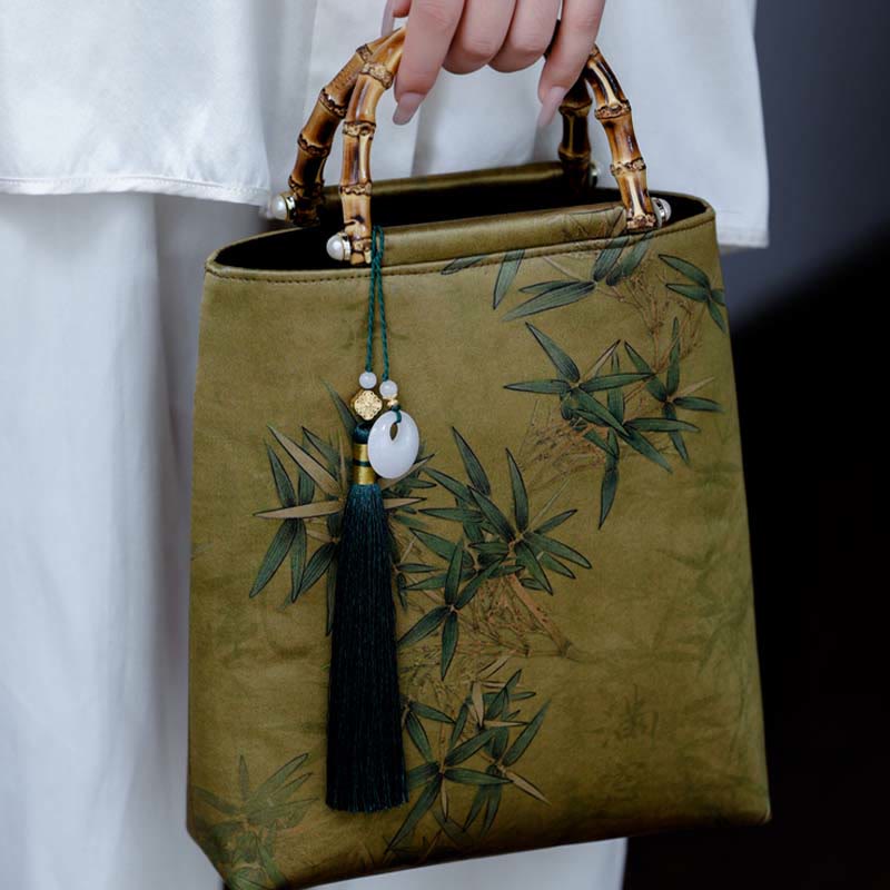 Yellow Green Bamboo Leaves Bamboo Handles Handbag