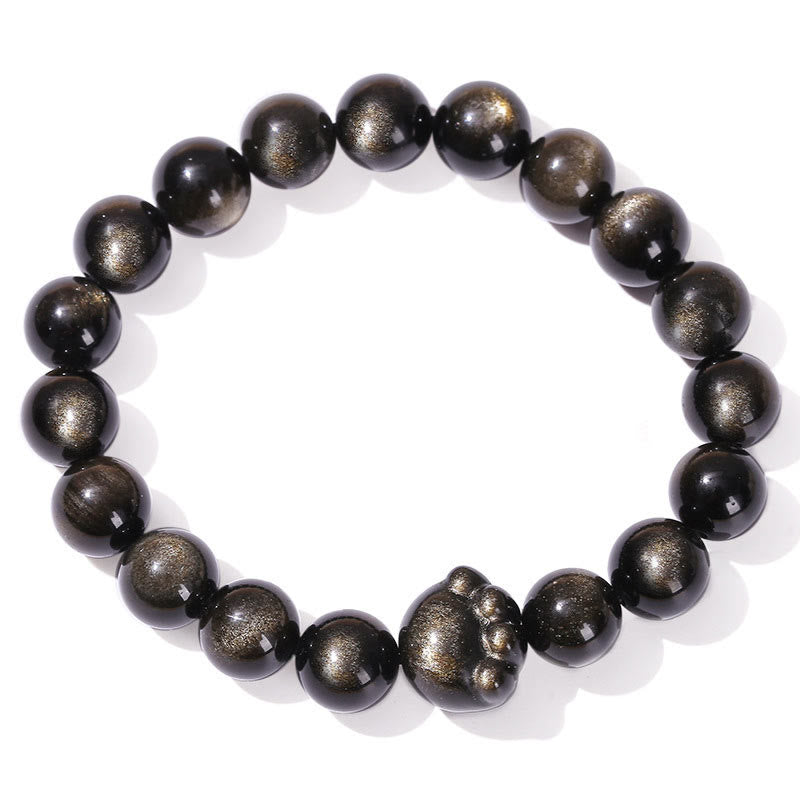 Natural Sheen Obsidian Beaded Cat Paw Charm Bracelet