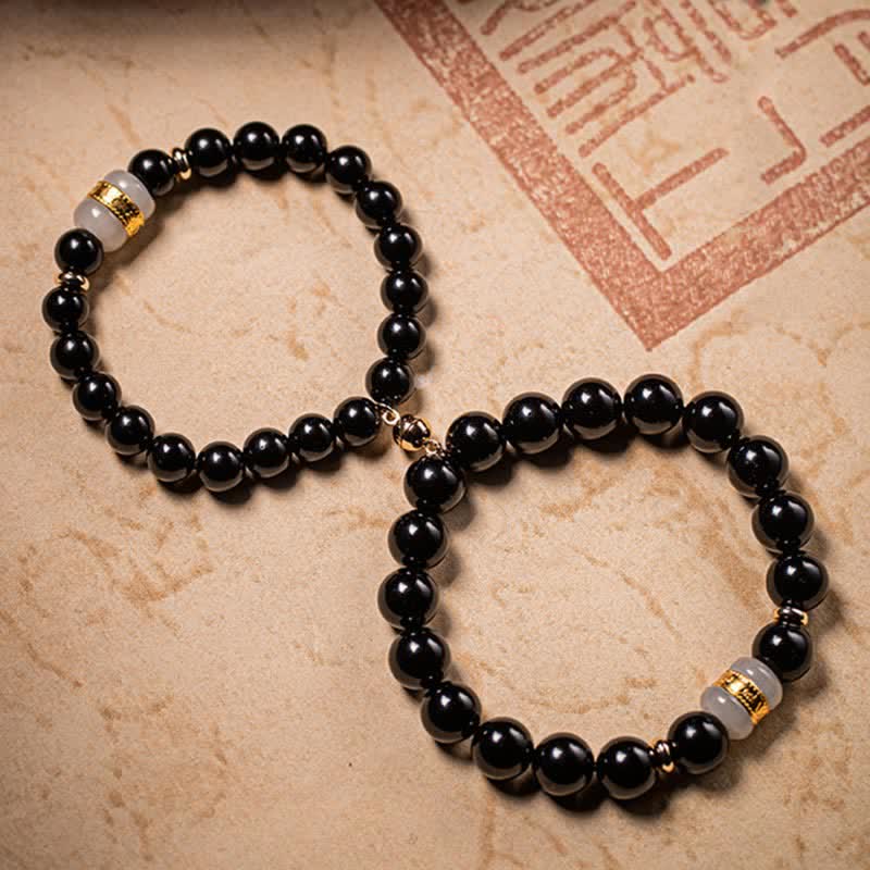 Magnetic Black Obsidian and Jade Om Mani Padme Hum Mantra Gold Plated Couple Bracelet