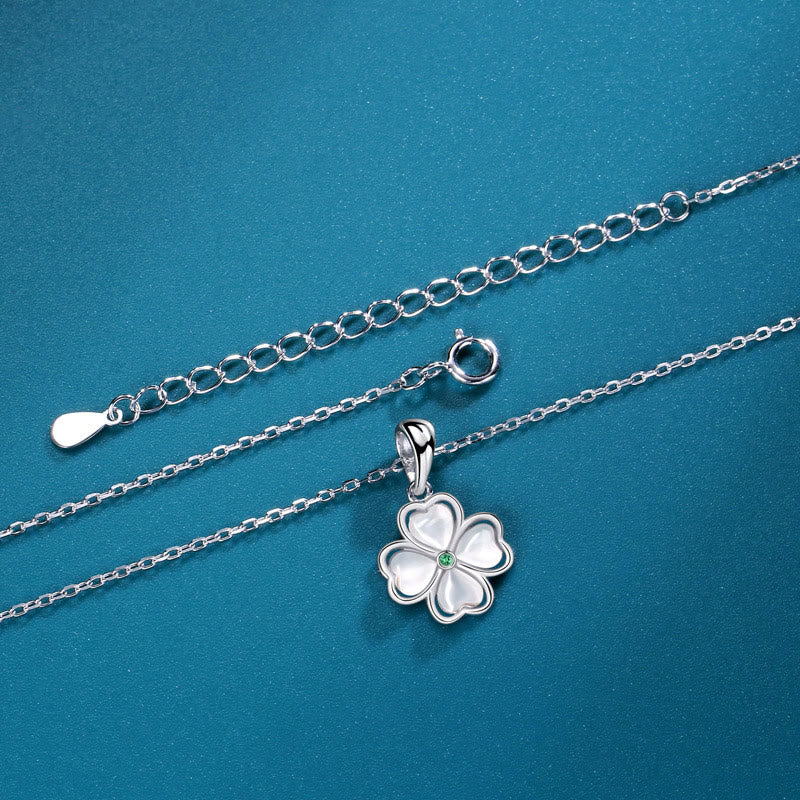 925 Sterling Silver Four Leaf Clover Chrysoberyl Cat Eye Love Necklace Pendant (Extra 35% Off | USE CODE: FS35)