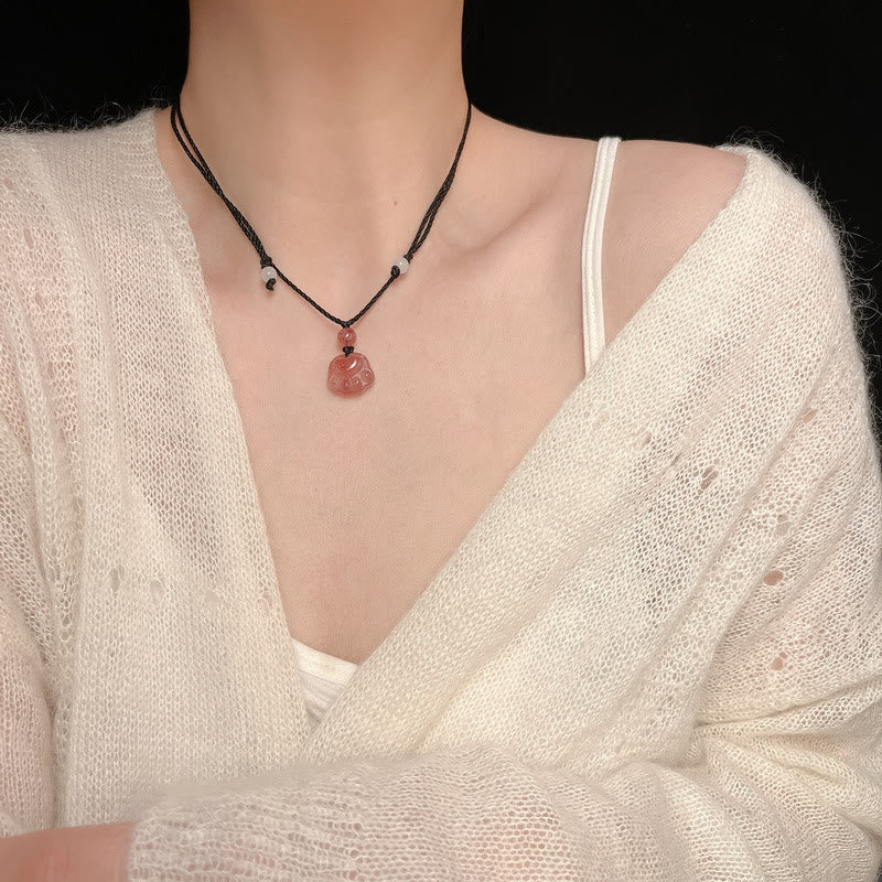 Strawberry Quartz Lovely Cat Paw Claw Healing Necklace Pendant