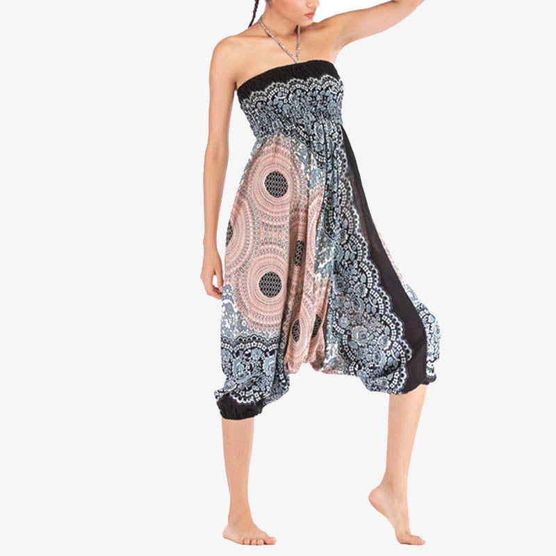 Two Style Wear Round Geometric Pattern Loose Smocked Harem Trousers Jumpsuit High Waist Women's Yoga Pants